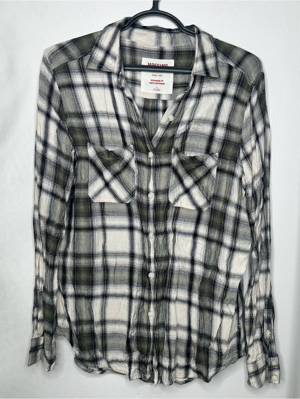 Mossimo Supply Co. Boyfriend Fit Green and White Plaid Button-Up Shirt Small
